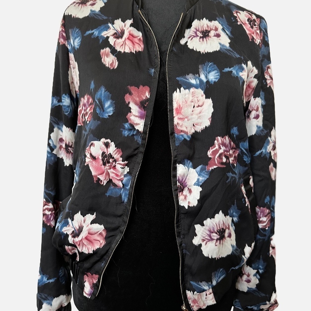 Bomber Flower Jacket in black with flowers all over in size small.